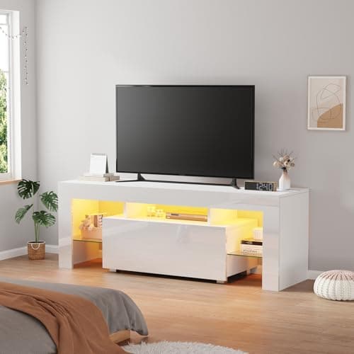 Image of Menaka Led TV Stand Cabinet for 55-65inch TV with Drawer and Shelves, 130cm TV Unit Entertainment Media Center Console Cabinet Wood High Glossing for Living Room Bedroom (White High Glossing)