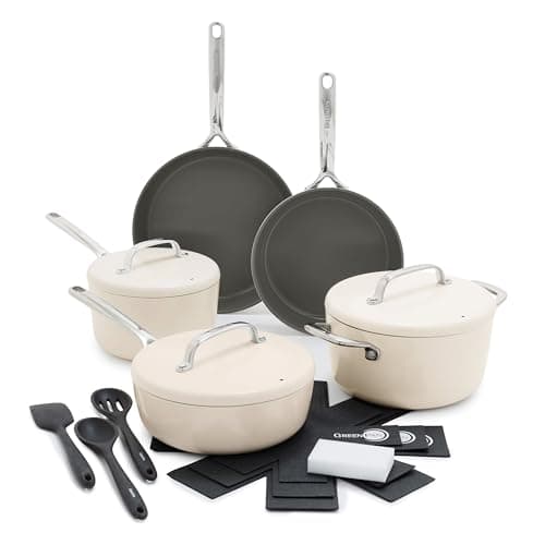 Image of GreenPan GP5 Hard Anodized Healthy Ceramic Nonstick 14 Piece Cookware Pots and Pans Set,Heavy Gauge Scratch Resistant,Stay-Flat Surface, Induction, Mirror Finish Handle,Oven Safe,PFAS-Free,Cream