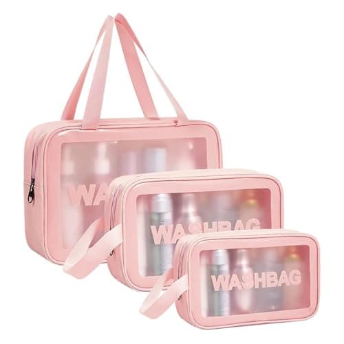 Image of Aucuu 3PCS Clear Toiletry Bag, Wash Bag, Clear PU Makeup Bags, Waterproof Toiletry Travel Bags with Zipper Handle, Portable Airport Cosmetic B-ag for Travel Bathroom Men Women (Pink)