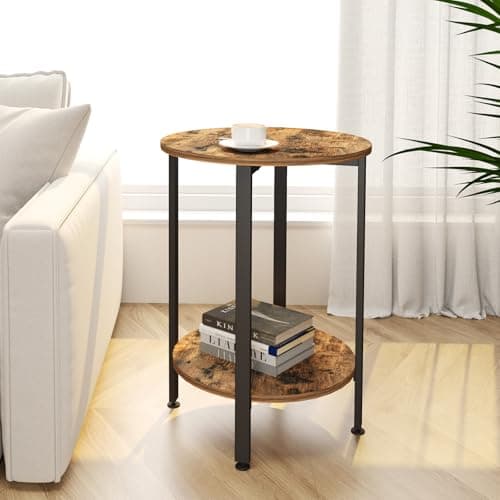 Image of H JINHUI 2-Tier Round Side Table, Industrial End Table, Bedside Table, Sofa Table with Metal Frame, Coffee Table with Storage, for Living room, Bedroom, Balcony, Easy Assembly, Rustic Brown
