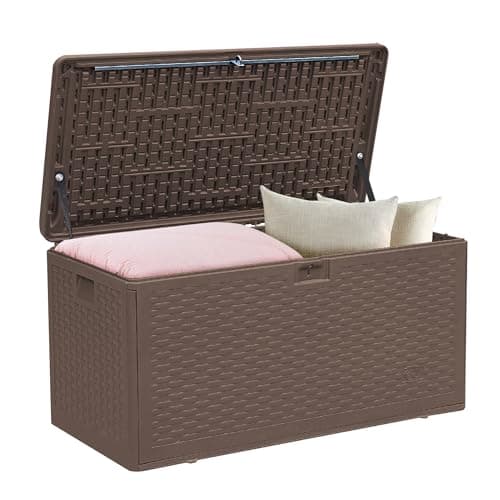 Image of Decksplore 73 Gallon Pro Resin Deck Box, Waterproof Outdoor Storage Bin for Patio, Poolside, and Garden, Lockable & UV-Resistant, Ideal for Small Spaces, Coffee