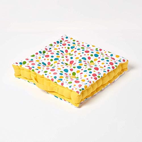 Image of HOMESCAPES - Polka Dots Multi - 100% Cotton - Floor Cushion - Green Pink Blue White - 40 x 40 x 8 cm Square - Indoor - Garden - Dining Chair Booster - Seat Pad Cushion