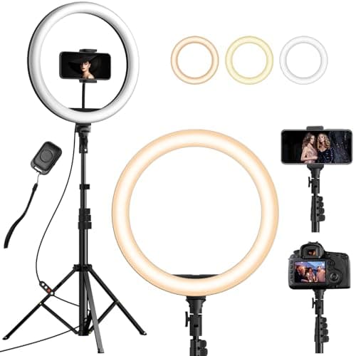 Image of YOHOOLYO 12 Inch Ring Light with Tripod Stand & Phone Holder, 64 Inches Tall Dimmable LED Selfie Light with Remote, 3 Colors & 10 Brightness Levels for YouTube, TikTok, Live Streaming, Video, Makeup