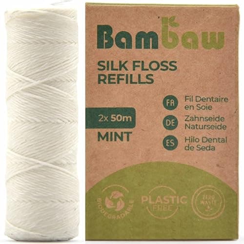 Image of Bambaw Silk Floss Refill, Non Plastic Dental Floss, Eco Floss, Mint Dental Floss Tape, 2x50 Meter Refill