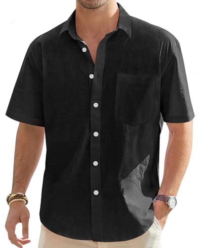 Image of J.VER Mens Linen Shirts Short Sleeve Summer Button Down Casual Regular Fit Holiiday Beach Lightweight Cotton Shirt with Pocket Black M