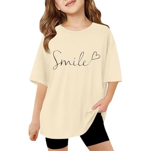 Image of Huihong Girls Short Sleeve T Shirts Kids Round Neck Comfy Summer Fashion Graphic Tshirts Teens Girls Casual Athletic Loose School Cute Cartoon Tunic Tops 3-14 Years (Beige, 11-12 Years)