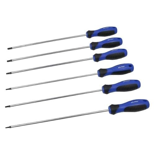Image of US PRO Long Tamper Torx Screwdriver Set, 6-Piece, T10-T30, 250mm Blade, Blue Comfort Grip