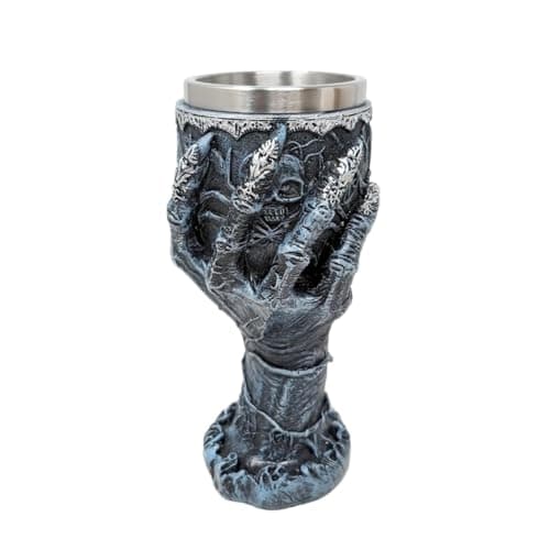 Image of JRose Collections Gothic Skull Goblet 200ml Stainless Steel Chalice, Resin Skeleton Hand Cup, Dark Fantasy Drinking Goblet for Home Bar Decor, Halloween Tableware, Collectible Horror Style Cup