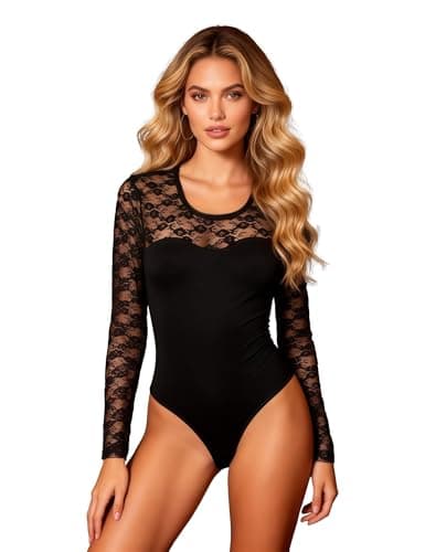 Image of ohmydear Women's Bodysuits Lace Patchwork Long Sleeve Bodysuit Stretchy Leotard Top Basic Crew Neck Going Out Plus Size Black Thong Body Suits L