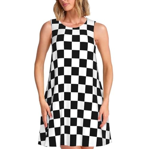Image of ENGhjes Black and White Checkered Stripes Womens Formal Short Dresses Summer Sleeveless Boat Neck A Line Elegant Mini Cocktail Party Dress