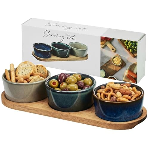 Image of URBNLIVING 4-Piece Ceramic Dip Bowl Set with Acacia Wood Tray – Tapas, Appetiser, Snack & Condiment Serving Set