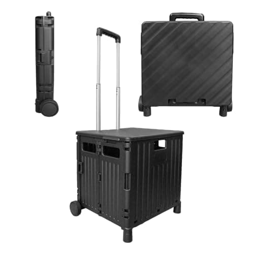 Image of Berry 50 L Foldable Shopping Trolley - Black, 40 KG Plastic Trolley Cart with 2 Wheels and Lid, Portable Cart with Telescopic Handle, Large Multipurpose Utility Cart for Shopping, Teacher, Laundry
