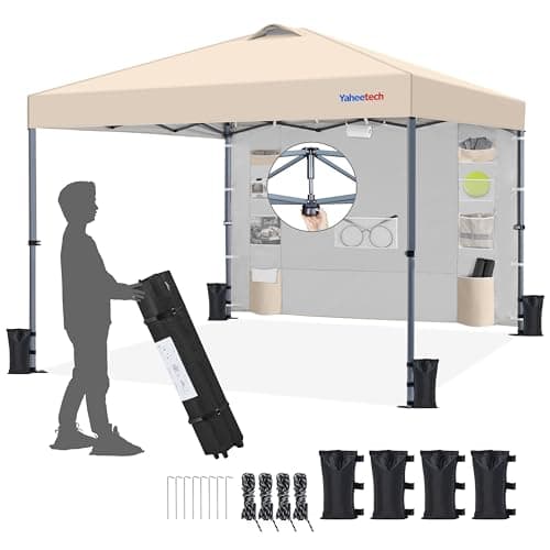 Image of Yaheetech 2.5x2.5M Pop Up Gazebo with 9 Storage Pockets Sidewall, Commercial Shade Shelter, Waterproof Awning Canopy with Roller Bag & Sandbags for Garden Party Outdoor Camping Beach, Beige