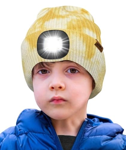 Image of ATNKE Kids LED Lighted Beanie Hat,USB Rechargeable 4 LED Running Headlamp Ultra Bright Cap with Light Hands Free Head Torch Winter Warm Knit Beany Great Gifts for Boys and Girls/Tie Dye Yellow