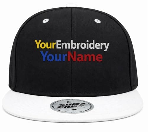 Image of MFAZ Morefaz Ltd Snapback Cap Flat Peak Personalised Your Own Embroidery Hats Custom Name,Text Embroidered (Black-White)