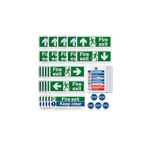 Image of 35pcs Premium Fire Exit Sign Kit (Right, Left, Up, Down Arrow) - Fire Action Notice Sign, Keep Clear, Door Keep Shut, Self Adhesive Vinyl Sticker EN ISO 7010 Compliant