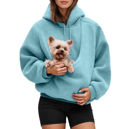 Image of Pet Pouch Hoodie for Women UK Oversized Solid Color Drawstring Big Pocket Jumper Cat Dog Carrier Hoodie Warm Fuzzy Winter Long Sleeve Fuzzy Fleece Pullover for Pet Animal Lover Sky Blue