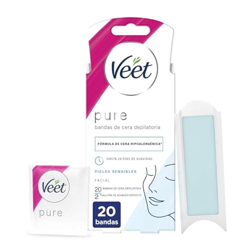 Image of Veet Pure Cold Wax Strips for Facial Hair Removal Suitable for Upper Lips (Bigotte), Hypoallergenic Wax Formula for Sensitive Skin, 20 Strips