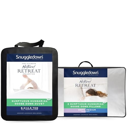 Image of Snuggledown Hungarian Goose Down 13.5 Tog Single Duvet - 4.5 Tog Summer Plus 9 Tog All Seasons 3 in 1 Combination Quilt, 2 Pillows - Jacquard Cotton Cover, Machine Washable, Size (135cm x 200cm)