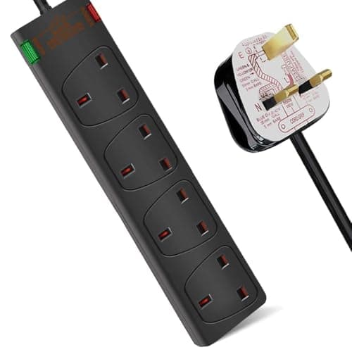 Image of PD - 4 Way Extension Lead with Surge Protection - 4 Socket 13A Fused UK Plug - 250V~ 3120W Multi Socket Cable, Wall Mountable, Heavy Duty Electrical Plug Board for Home Office - 5M Power Strip (Black)