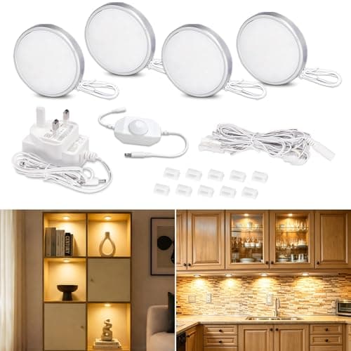 Image of WOBANE Dimmable Under Cabinet Kitchen Lights,Set of 4,Super Bright Display Cabinet Lighting,Warm White LED Puck Light,Stick on Lights for Cupboard,Shelf,Bookcase,2700K,112LEDs