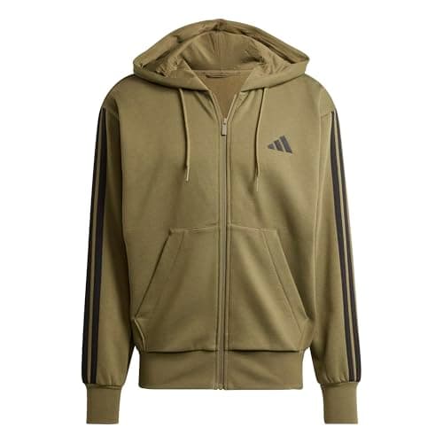 Image of adidas Men's ESSENTIAL THREE STRIPES FLEECE ZIPPER HOODIE, olive strata/black, M