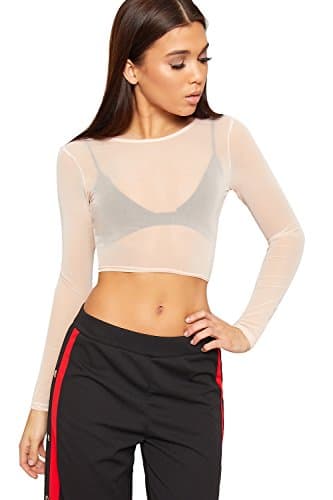 Image of WearAll Womens Sheer Mesh Crop Top Ladies Long Sleeve Crew Neck Plain Stretch New - Nude - 8-10