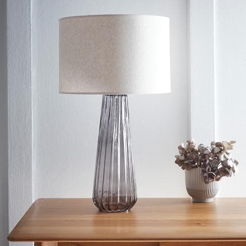 Image of Palma Smoke Glass Table Lamp with Linen Shade Elegant Everyday Lighting Solution for Any Room in Your Home | Perfect for Bedside, Console, and Entrance Tables