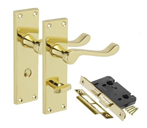Image of Golden Grace Victorian Scroll Bathroom Door Handles with 64mm Bathroom Lock Set in Polished Brass Finish, Classic Interior Doors Hardware