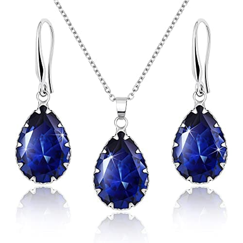 Image of Linawe Sapphire Crystal Royal Blue Jewellery Sets Women, Silver Dangle Earrings, Imitation Diamond Pendant Necklace, Rhinestone Matching Necklace, Teardrop Cubic Zirconia Birthstone