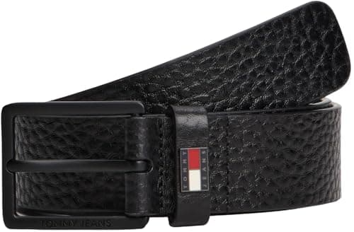 Image of Tommy Jeans Men’s 3.5 cm Elevated Flag Leather Belt, Black (Black), 115 cm