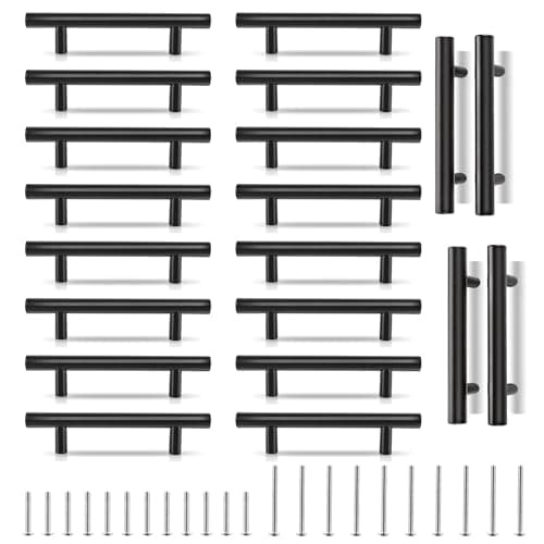 Image of CYEER 20 Pack Black Kitchen Handles 96mm Hole Center, Matt Black Drawer Cupboard Door Handles, Stainless Steel T Bar Wardrobe Cabinet Pull Handle for Kitchen Bathroom Drawer, Overall Length:150mm