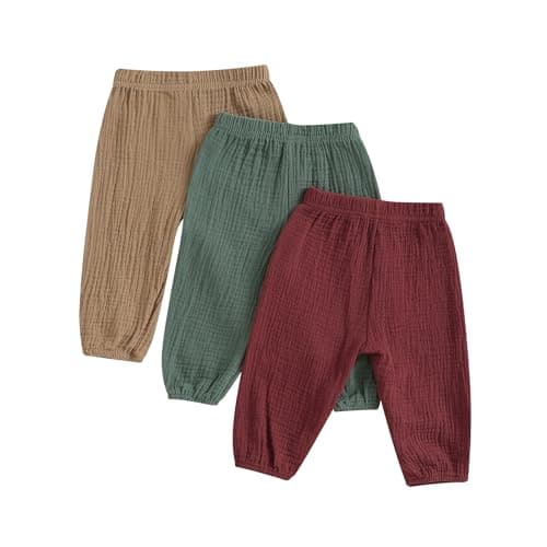 Image of Carolilly 3 Pack Unisex Toddler Baby Harem Trousers, Cotton Breathable Spring Summer Elastic Waist Harem Pants (Coffee Khaki Green, 3-4 Years)