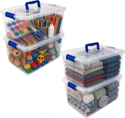 Image of RelianceUK 4 X 15L Plastic Storage Box with with Lids and Handle - Nestable, Stackable, Durable Multi Purpose Clear Containers for Home, Kitchen and Office Tubs (15 Litres / 4 Pack) Made in U.K.