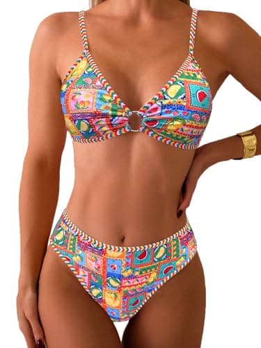 Image of Fanuerg Women's Triangle Bikini Sets O Ring Linked Two Piece Swimsuits Floral Printed Cheeky Bathing Suit, Fruit Print, Medium