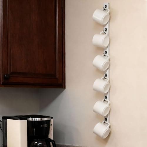 Image of Yohsnor White Wall-Mounted Coffee Cup Holder - Narrow Space Design Mug Rack for Kitchen & Office - Organize & Display 6 Mugs or Water Bottles - Easy Install Space Saver Home Decor