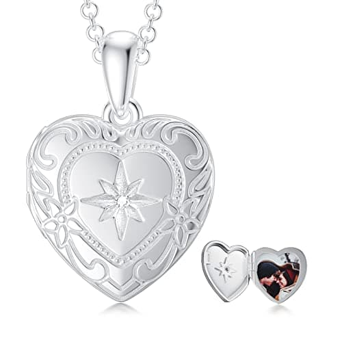 Image of SOULMEET Personalized 9ct 14ct 18ct White Gold/Silver Starburst Locket Necklace That Holds 1 Picture Photo Diamond Cut Heart Locket Mother's Day (Custom photo & text)