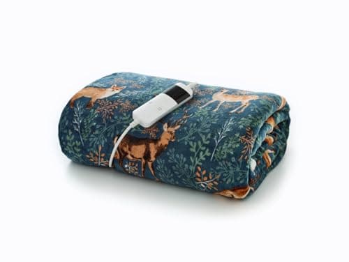 Image of Deyongs Fox and Deer Heated Throw 140x180cm – Teal | Electric Heated Blanket with Woodland Animal Print | Flannel Fleece & Sherpa Throw | Machine Washable | Cozy Winter Blanket