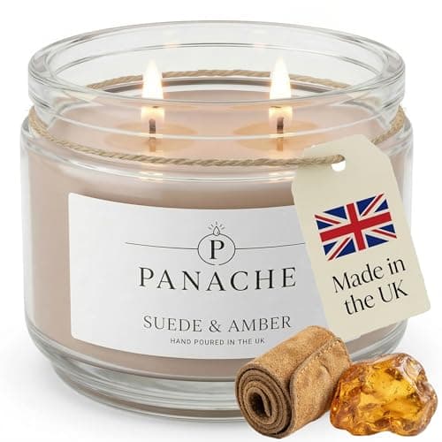 Image of Panache Suede & Amber Scented Candle – Double Wick Soy Wax Candle, 48 Hour Burn Time, Hand Poured in UK, Clean Burning Cotton Wicks, Luxury Glass Jar Candle for Home Fragrance & Gifts (320g)