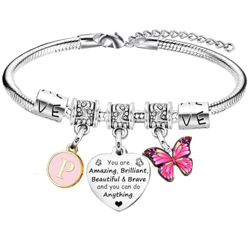 Image of Inspirational Bracelet with Initial Letter A-Z Bracelets You are Amazing 26 Alphabet Letters Bracelet for Girl Women Butterfly Charm Bracelet Birthday Gift (Initial P Bracelet)