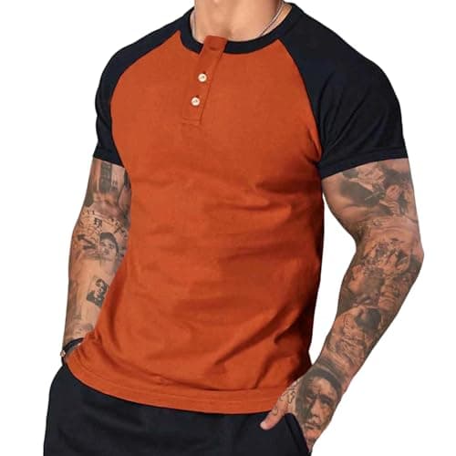 Image of Men's Raglan Sleeve Henley Shirts Contrast Short Sleeve T-Shirts for Men UK Color Block Baseball T Shirts Soft Breathable Regular Fit Tee Shirt Soft Comfy Sports Shirt Summer Casual Basic Tee Orange