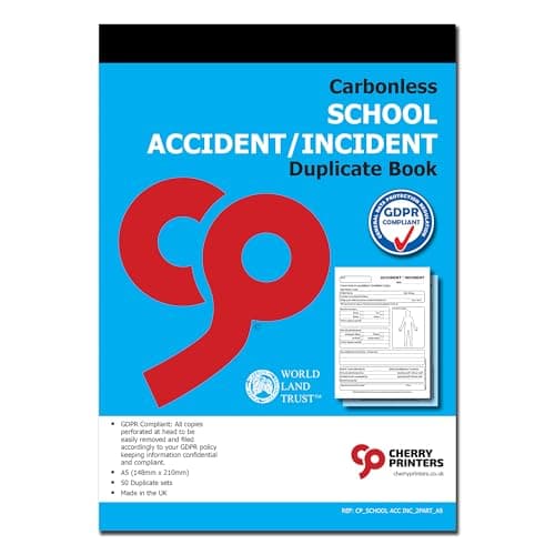 Image of Cherry Printers | Carbonless School Accident Incident Duplicate Book | A5 Accident & Incident Reporting Forms for Schools Nurseries & Academies | GDPR Compliant | 50 Duplicate Sets | Made in the UK