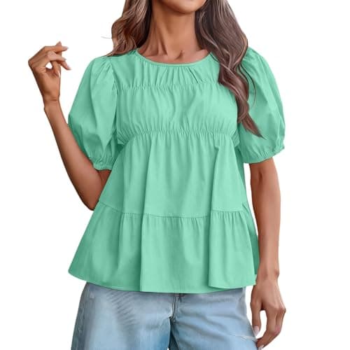 Image of Womens Puff Sleeve Peplum Babydoll Tops Summer Smoked Pleated Cotton T-Shirts Casual Loose Fit Flowy Blouse(Mint Green, L)