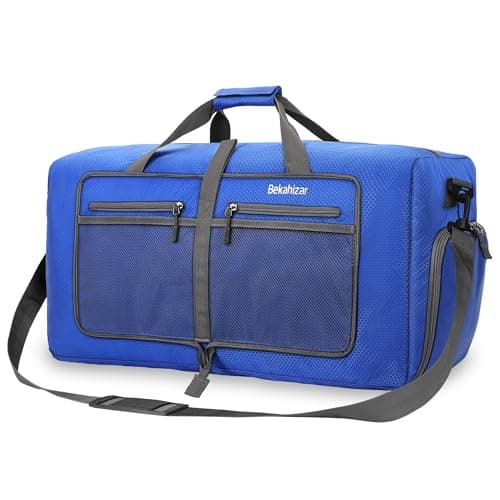 Image of Bekahizar Travel Duffle Bag 60L Lightweight Foldable Holdall Duffels Large Weekend Overnight Bag Packable Carry On Luggage with Shoe Compartment for Men Women Camping Storage Gym Beach (Dark Blue)