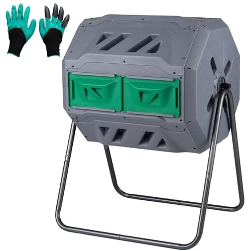 Image of TANGZON Garden Tumbling Composter, 142L/160L/164L Dual Chamber 360° Rotating Compost Bin with 2 Doors, Outdoor BPA Free Aerating Waste Bin Composting Tumbler (160L, 74 x 63 x 93 cm, Green+Grey)