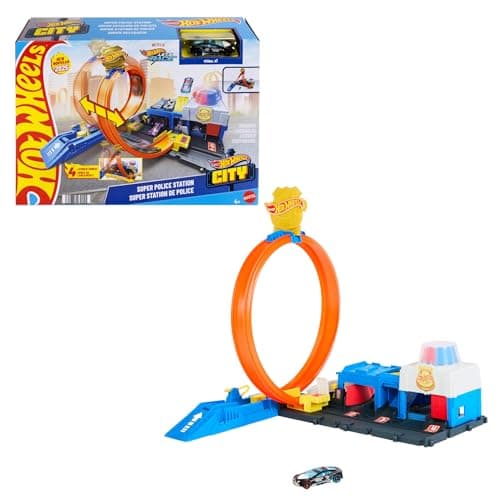 Image of Hot Wheels Toy Car Track Set, Super Police Station Playset with 1:64 Scale Die-Cast Vehicle, Adjustable Loop for Multiple Ways to Race & Stunt, JBM71