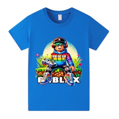 Image of Duoxinbos Roblox T-Shirts Boys,100% Cotton Funny Kids Girls Tops,Youtuber Teen PS4 Game Character Movie Inspired Short Sleeve Shirts Casual Crew Neck for Ages 2-13 Blue