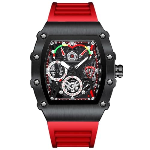 Image of RORIOS Men's Tonneau Wristwatch Analogue Fashion Quartz Wrist Watch Luminous Analogue Watches Sport Stainless Steel Watch with Silicone Strap Red