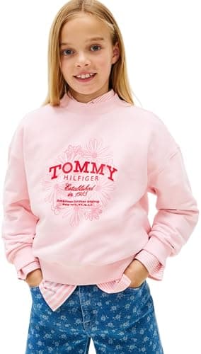 Image of Tommy Hilfiger Girl's TOMMY FLOCK FLOWER CREW NECK KG0KG08992 Pullover Sweatshirt, PINK (Duchess Pink), 5 Years
