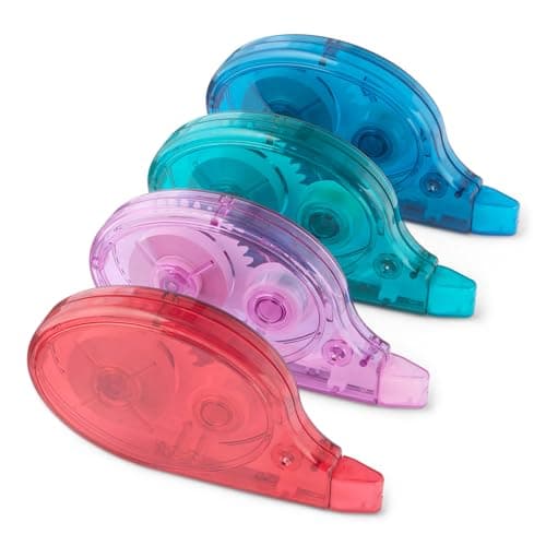 Image of Amazon Basics Correction Tape, Pack of 4, Roller, Pen, Mouse Style, Instant Drying, 12m Long, Green, Purple, Red, Blue